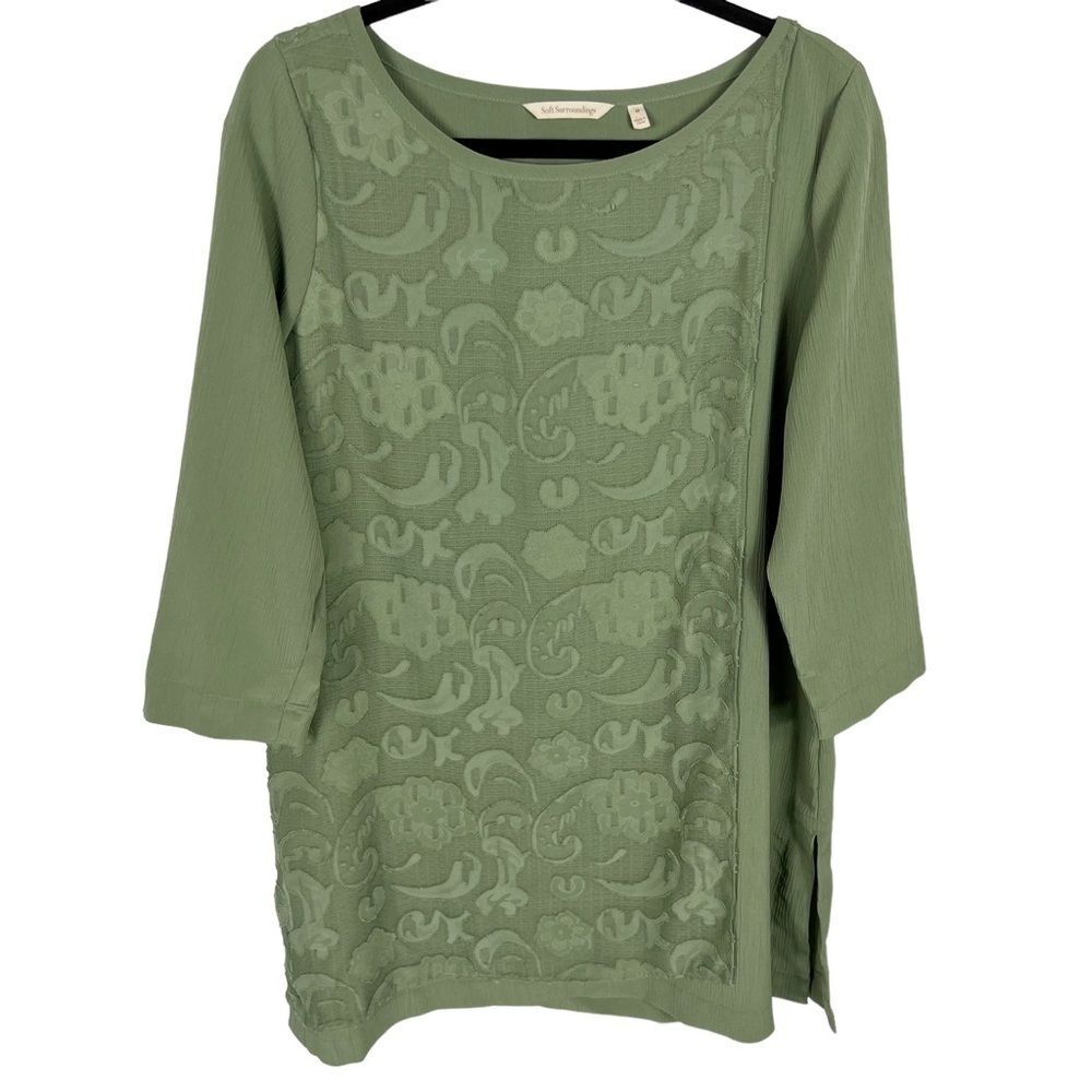 Soft Surroundings Tunic Sage Green Crepe Floral Overlay 3/4 Sleeve Women Medium